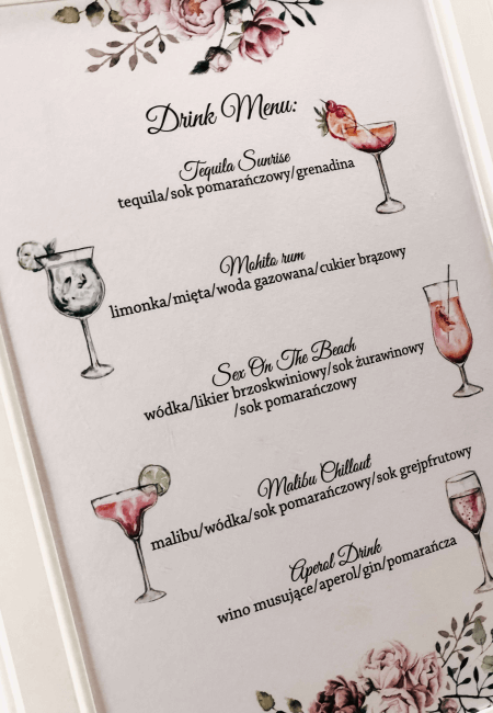 drink menu piwonia Design Your Wedding plakat A4